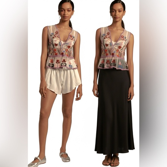 By Anthropologie Tops - ✨ Maeve Anthropologie Cammie Embroidered Mesh Peplum Top - Sheer Floral - Size S